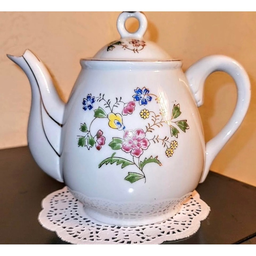 Vintage Made in Japan Porcelain Teapot Floral Gold Trim Hand Painted White